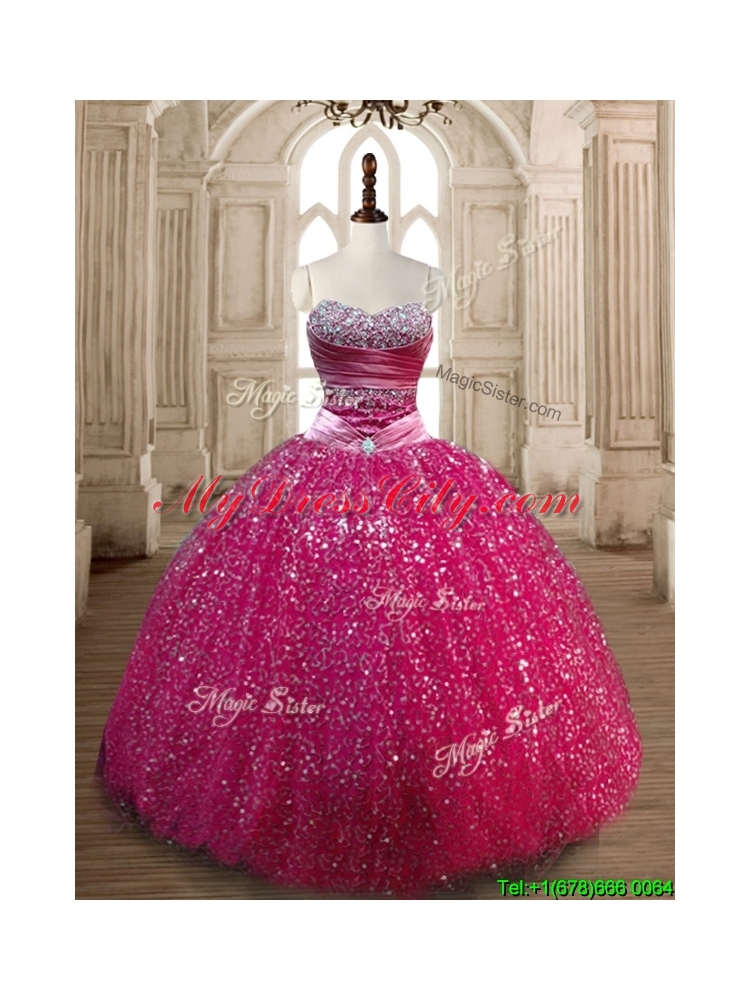 New Style Fuchsia Sweet 16 Dress with Beading and Sequins