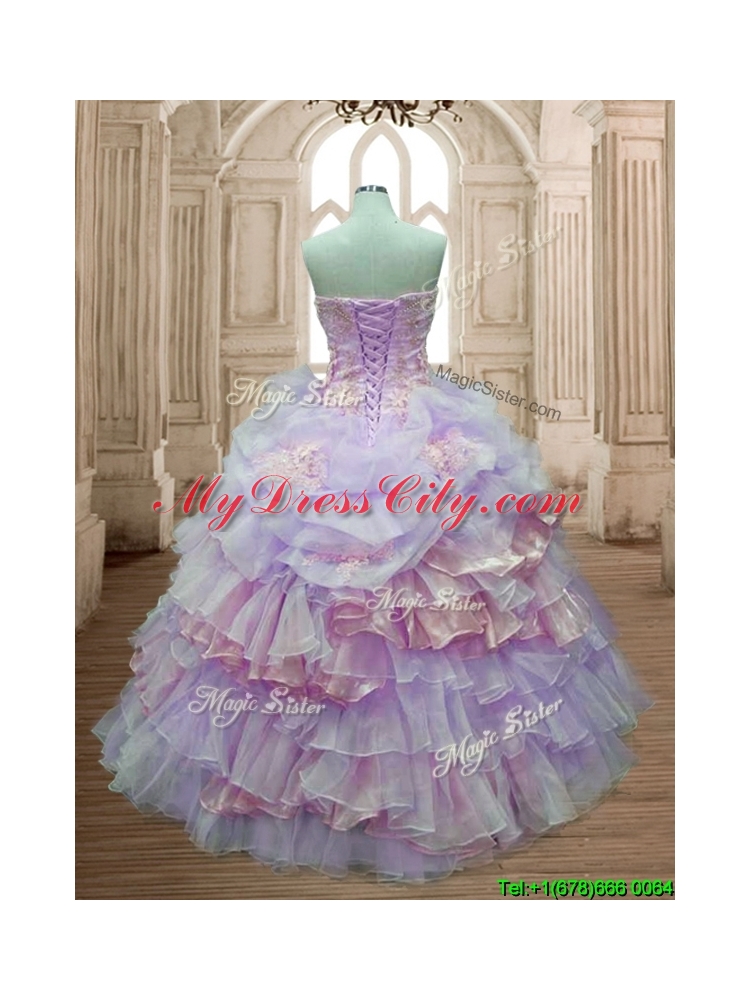 Pretty Lavender and Pink Quinceanera Dress with Ruffled Layers and Appliques