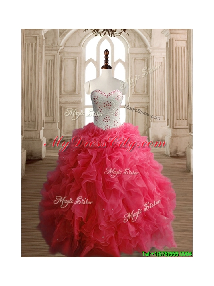 Latest Beaded Bodice and Ruffled Quinceanera Dress in Coral Red
