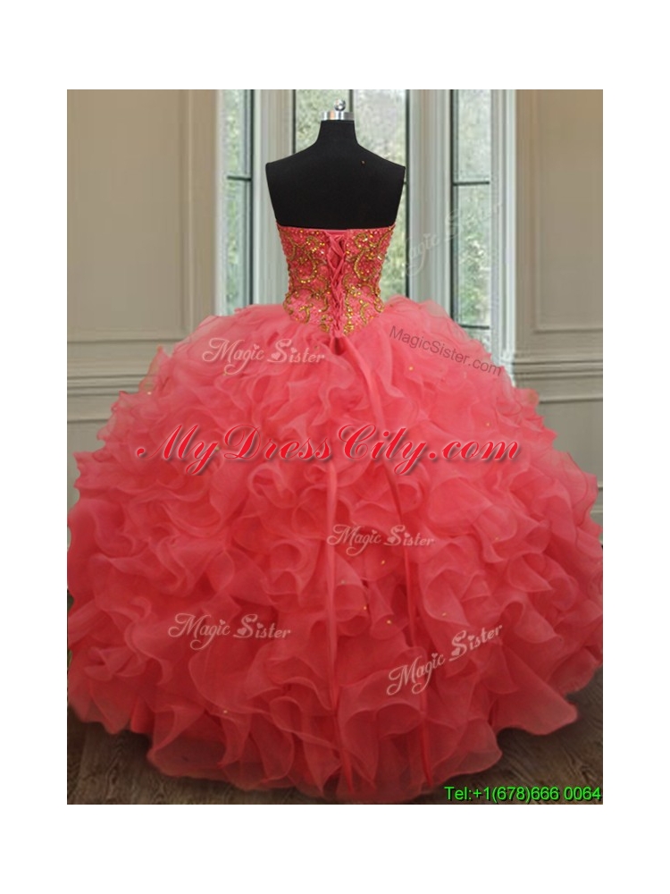 2017 Best Really Puffy Beaded and Ruffled Organza Quinceanera Gown in Coral Red