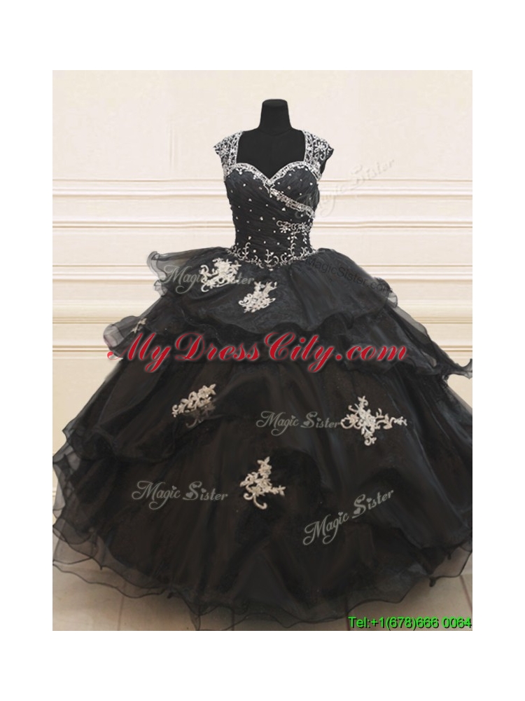 Lovely See Through Back Wide Straps Beaded Applique Black Quinceanera Dress