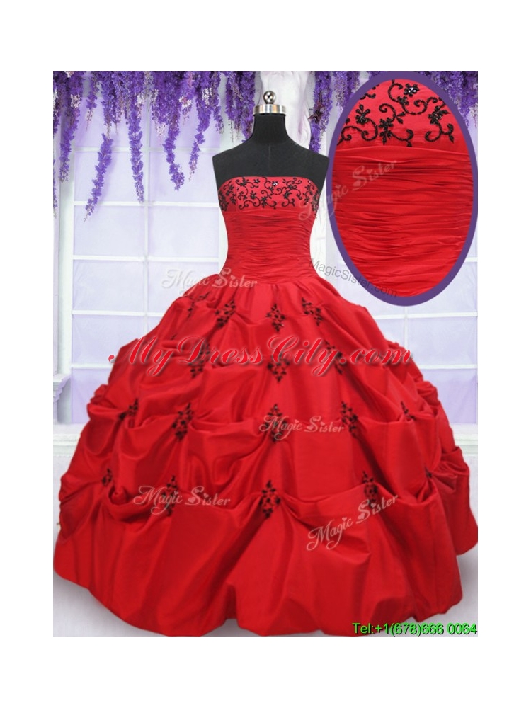 Luxurious Strapless Applique and Bubble Red Quinceanera Dress in Taffeta