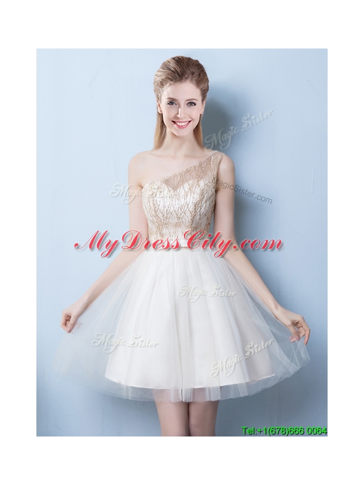 Beautiful One Shoulder Sequined and Bowknot Champagne Dama Dress