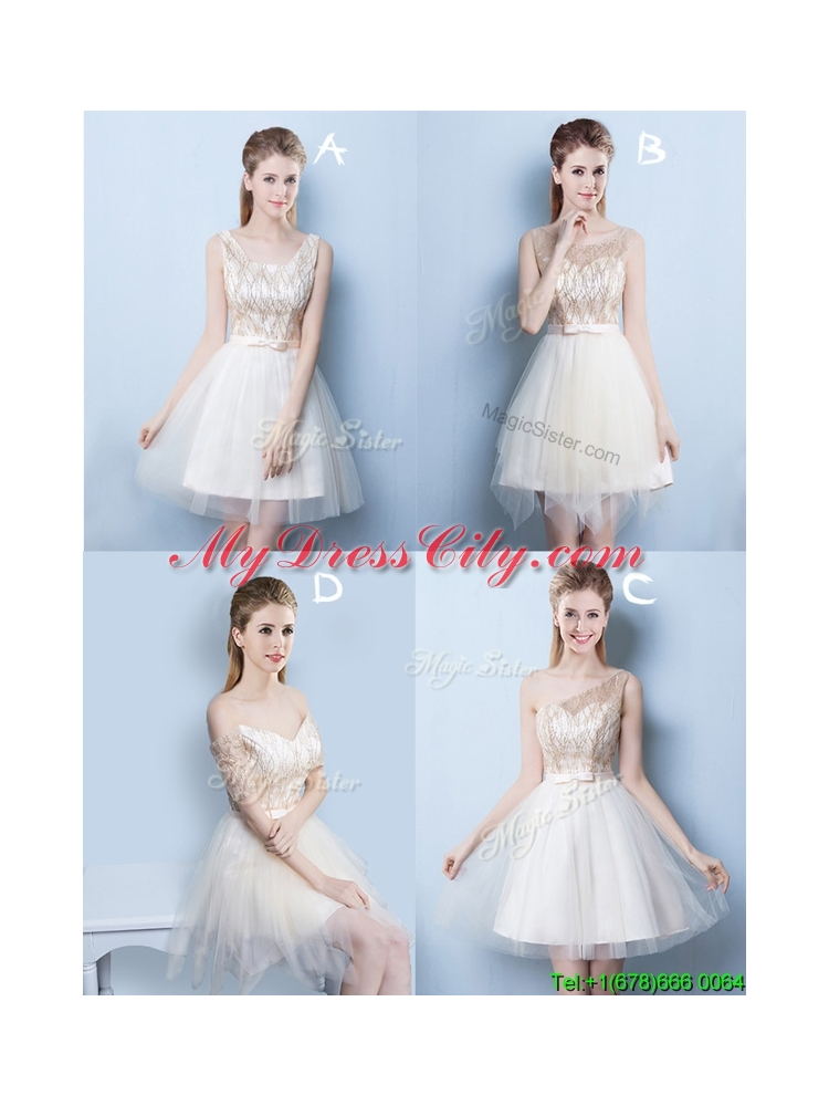 Beautiful One Shoulder Sequined and Bowknot Champagne Dama Dress