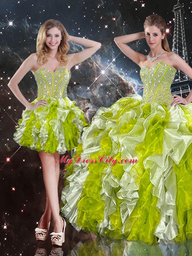 Dramatic Sleeveless Floor Length Beading and Ruffles Lace Up Quinceanera Gowns with Multi-color