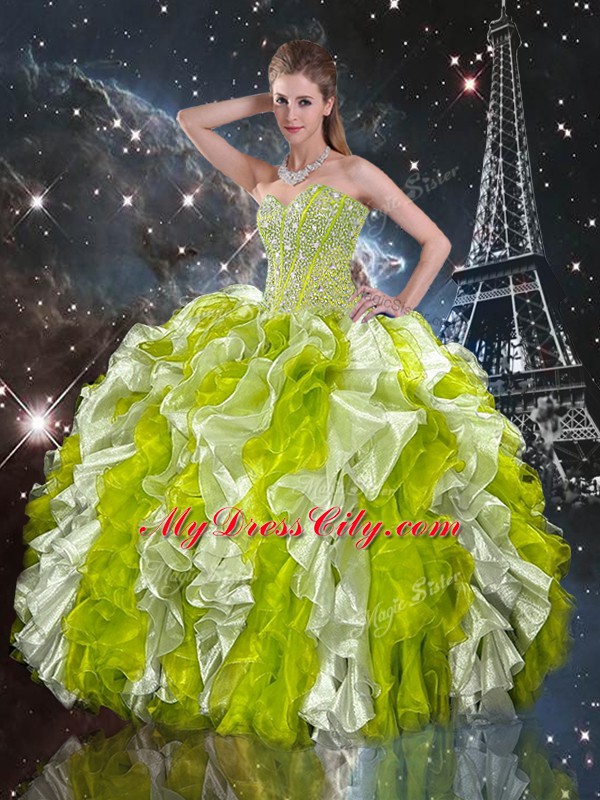 Dramatic Sleeveless Floor Length Beading and Ruffles Lace Up Quinceanera Gowns with Multi-color