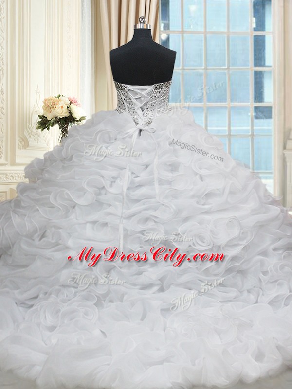 Custom Made Sleeveless Beading and Pick Ups Lace Up Ball Gown Prom Dress with White Brush Train