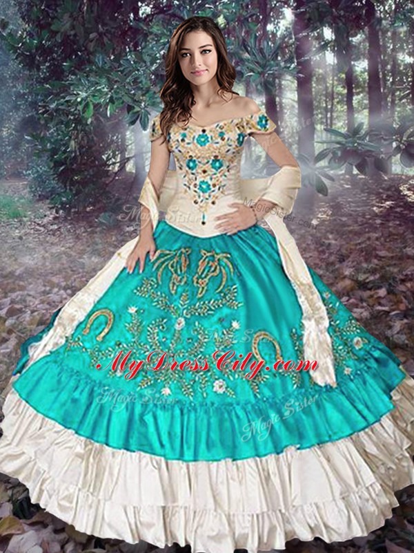 Charming Blue And White Elastic Woven Satin Lace Up Sweet 16 Dress Sleeveless Floor Length Embroidery and Ruffled Layers
