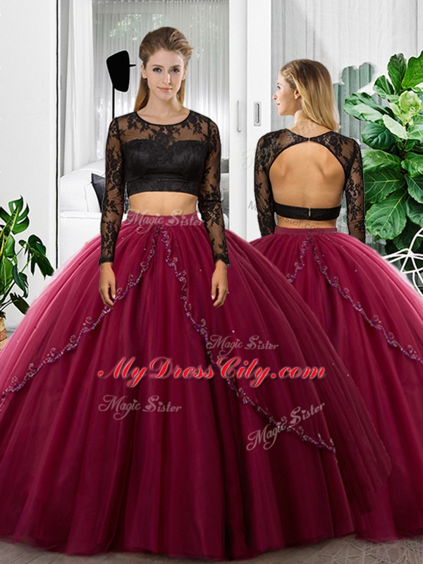 Hot Sale Two Pieces Quinceanera Gown Fuchsia Scoop Tulle Long Sleeves Floor Length Backless