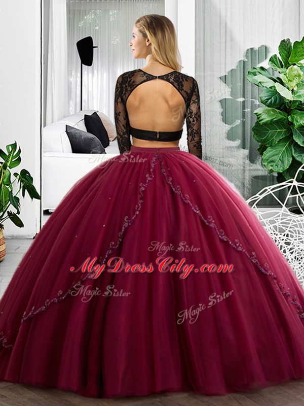 Hot Sale Two Pieces Quinceanera Gown Fuchsia Scoop Tulle Long Sleeves Floor Length Backless
