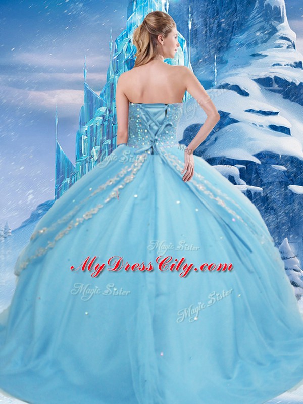 Sleeveless Floor Length Beading and Appliques and Sequins Lace Up Vestidos de Quinceanera with Baby Blue