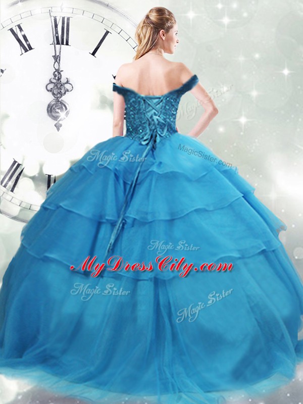 Dazzling Baby Blue Ball Gown Prom Dress Organza Brush Train Sleeveless Beading and Ruffled Layers