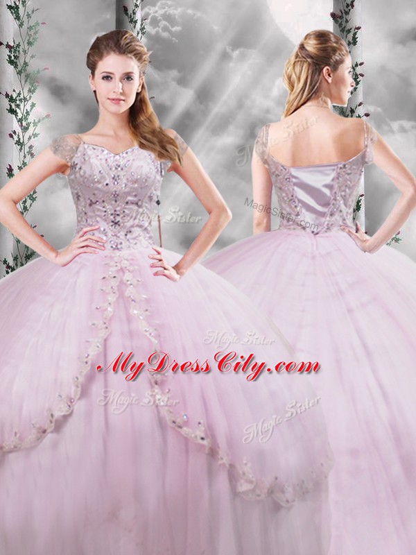 Deluxe V-neck Cap Sleeves Quinceanera Dress Brush Train Beading and Appliques Lilac Tulle