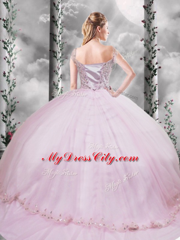 Deluxe V-neck Cap Sleeves Quinceanera Dress Brush Train Beading and Appliques Lilac Tulle