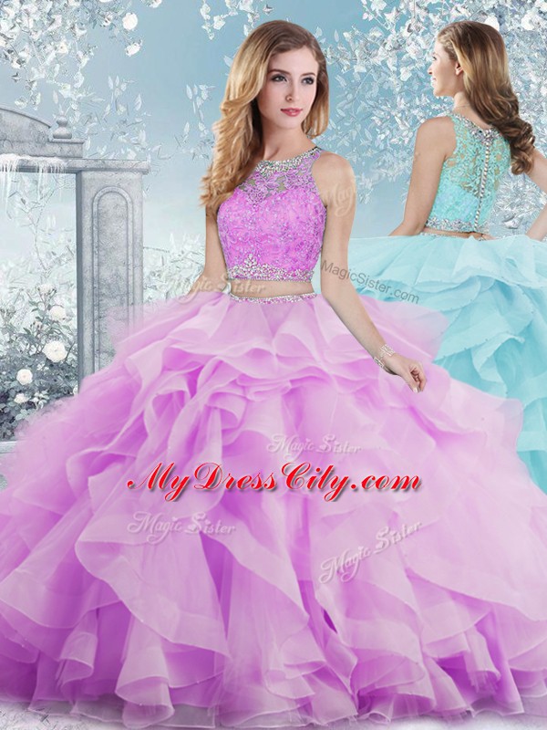 Sexy Lilac Organza Clasp Handle Sweet 16 Dress Sleeveless Floor Length Beading and Ruffles