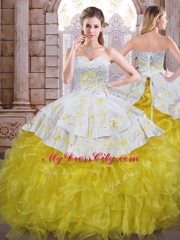Yellow And White Quinceanera Gowns Military Ball and Sweet 16 and Quinceanera with Beading and Appliques and Ruffles Sweetheart Sleeveless Lace Up