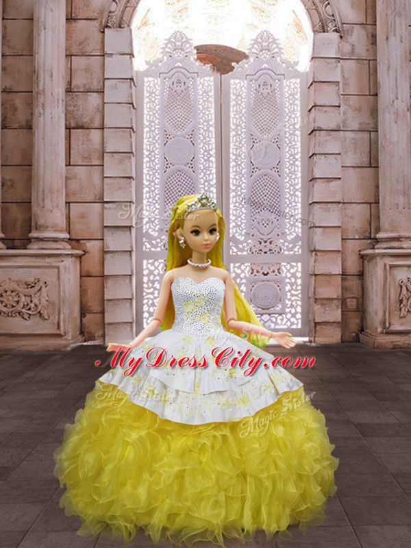 Yellow And White Quinceanera Gowns Military Ball and Sweet 16 and Quinceanera with Beading and Appliques and Ruffles Sweetheart Sleeveless Lace Up