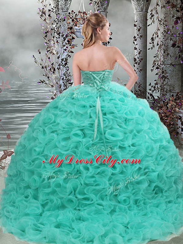 Turquoise Lace Up 15 Quinceanera Dress Beading Sleeveless Brush Train