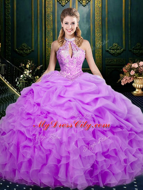 Popular Beading and Ruffles and Pick Ups Quinceanera Dress Lilac Lace Up Sleeveless Floor Length