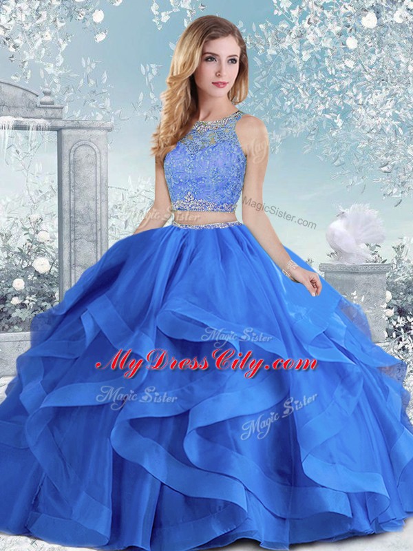 Clearance Royal Blue Scoop Neckline Beading and Ruffles Quinceanera Gowns Long Sleeves Clasp Handle