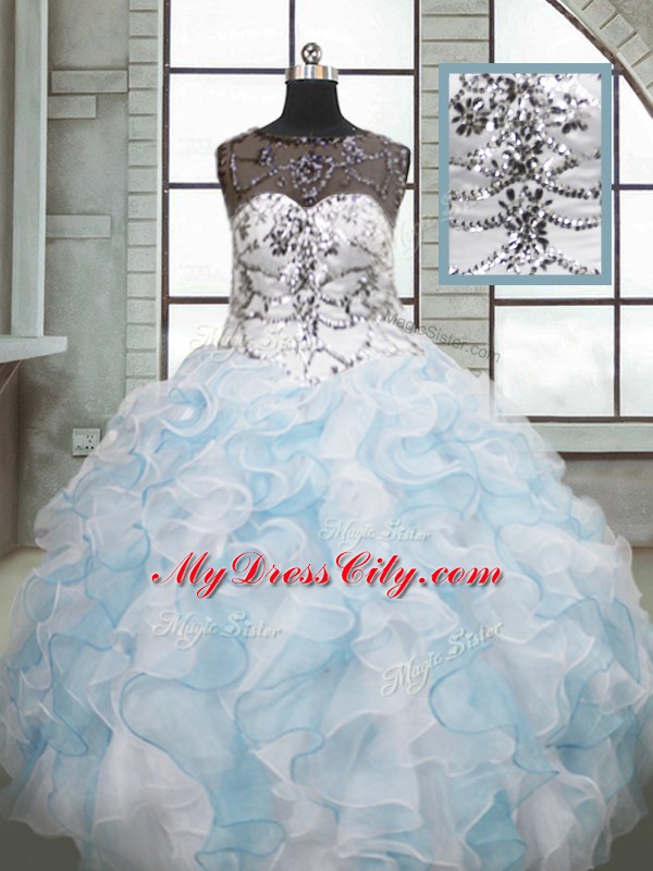 Blue And White Scoop Neckline Beading and Ruffles Sweet 16 Dresses Sleeveless Lace Up