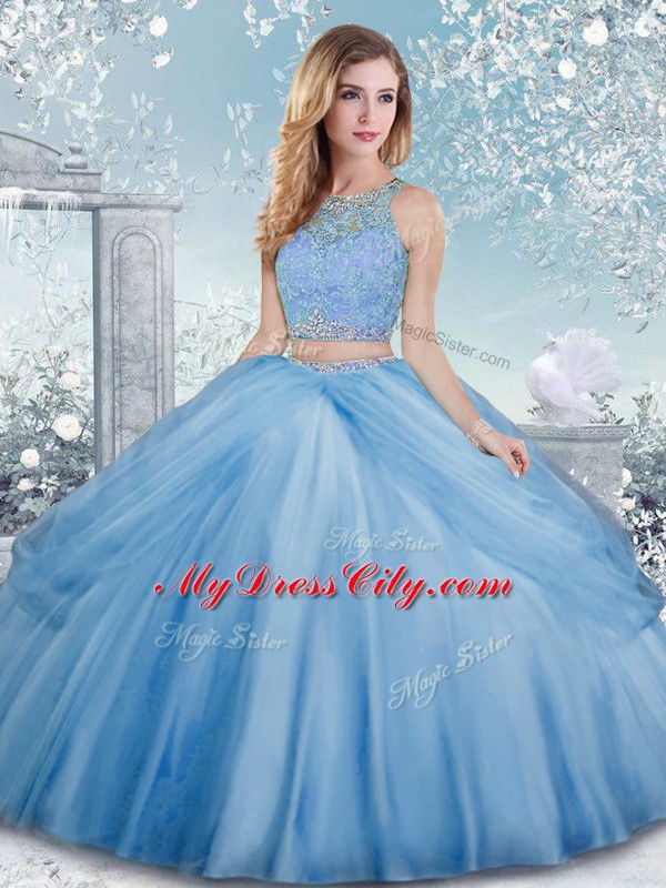 Baby Blue Ball Gowns Beading Quinceanera Gowns Clasp Handle Tulle Sleeveless Floor Length