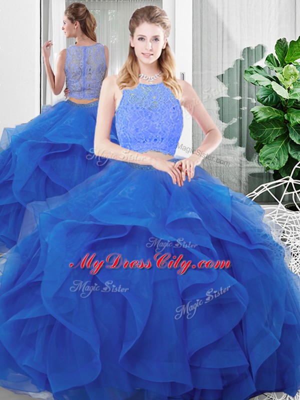 Super Sleeveless Floor Length Lace and Ruffles Zipper Sweet 16 Quinceanera Dress with Blue