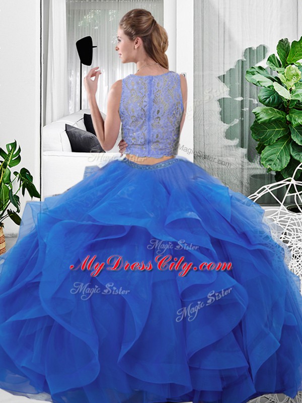 Super Sleeveless Floor Length Lace and Ruffles Zipper Sweet 16 Quinceanera Dress with Blue