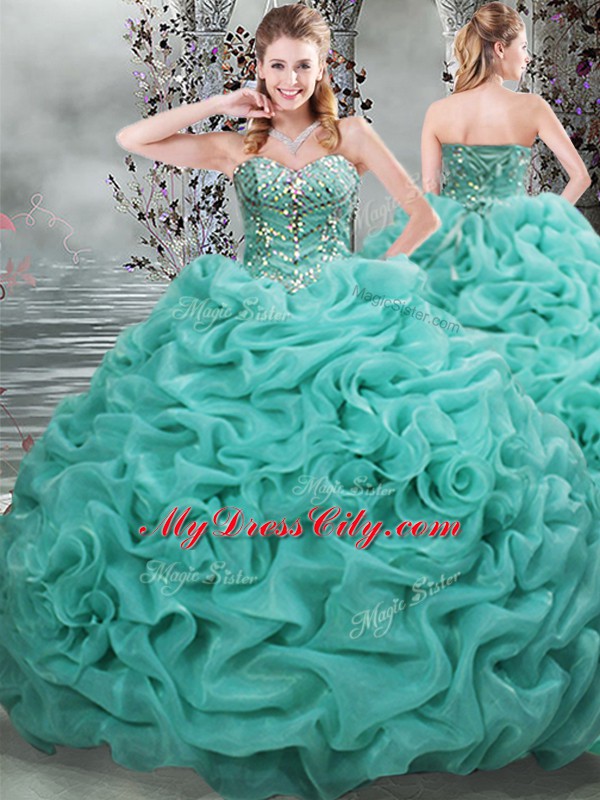 Beautiful Beading and Pick Ups Quinceanera Gowns Turquoise Lace Up Sleeveless Brush Train