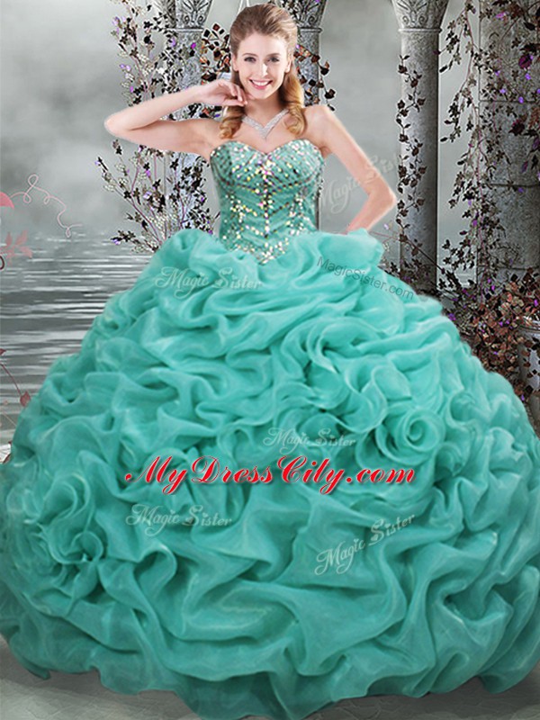 Beautiful Beading and Pick Ups Quinceanera Gowns Turquoise Lace Up Sleeveless Brush Train