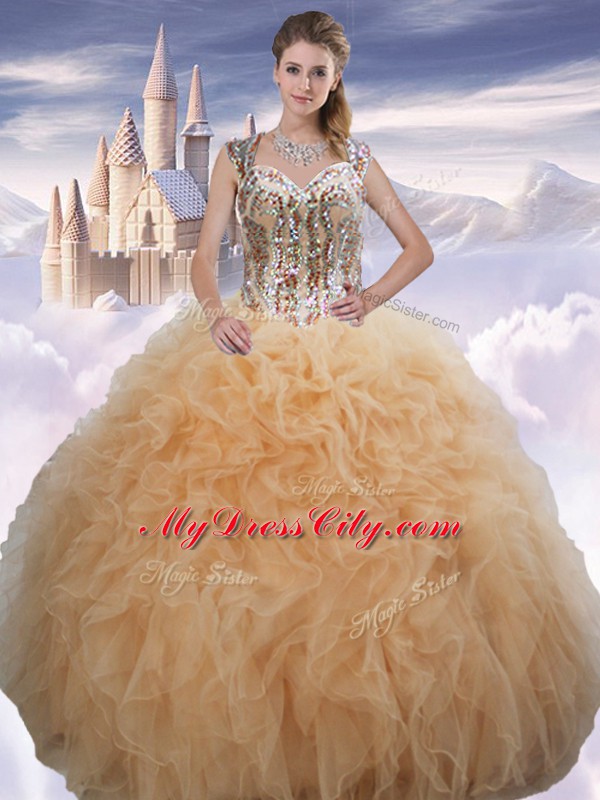 Sleeveless Organza Floor Length Lace Up Sweet 16 Dresses in Champagne with Beading and Ruffles