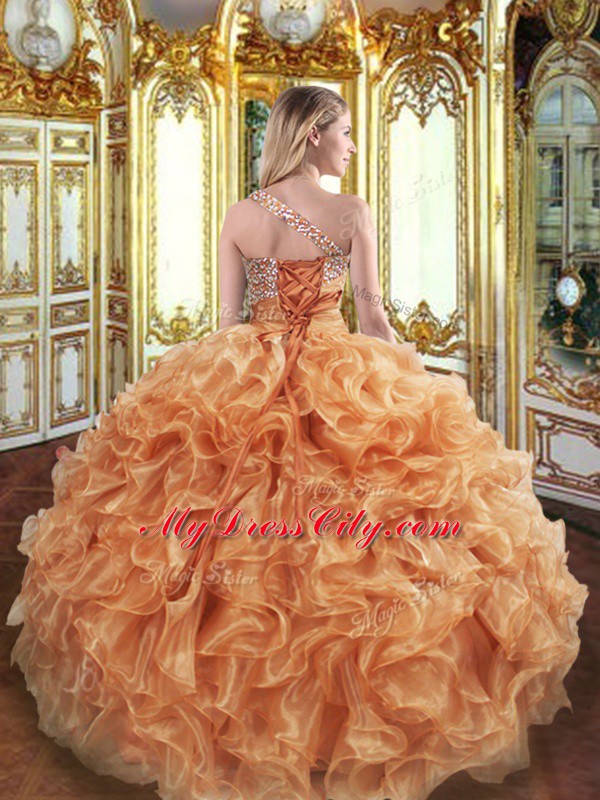Cheap Orange Lace Up 15th Birthday Dress Beading and Ruffles Sleeveless Floor Length