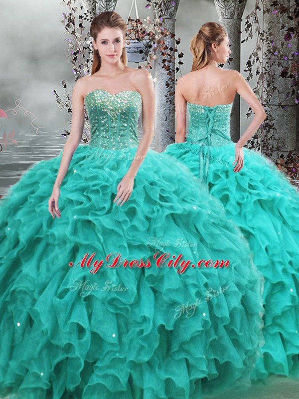 Turquoise Sleeveless Beading and Ruffles Floor Length 15th Birthday Dress