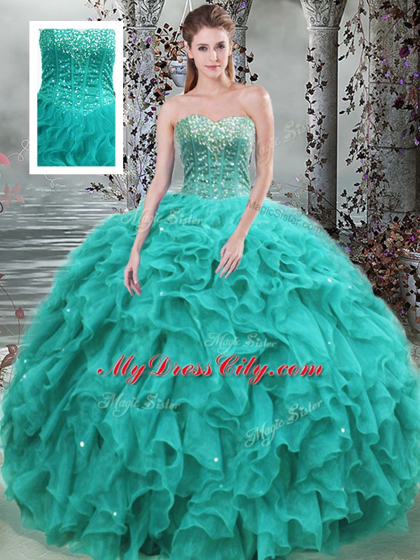 Turquoise Sleeveless Beading and Ruffles Floor Length 15th Birthday Dress