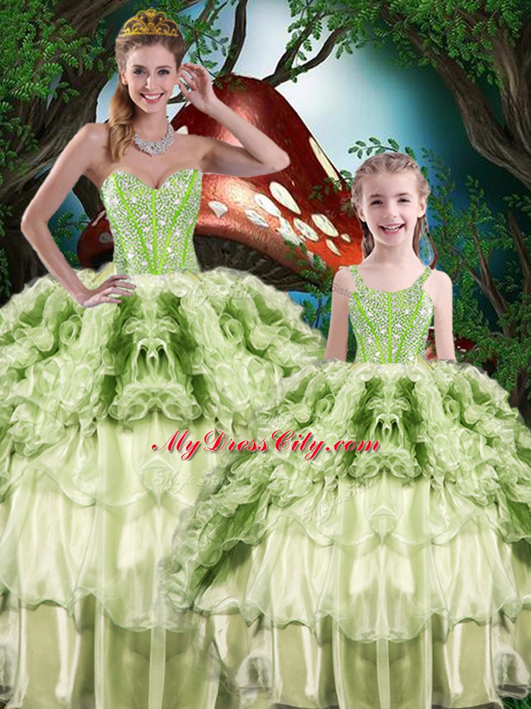 Attractive Yellow Green Sweetheart Lace Up Beading and Ruffles and Ruffled Layers Vestidos de Quinceanera Sleeveless