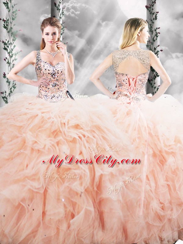 Peach Tulle Lace Up Straps Sleeveless Floor Length Quinceanera Gown Beading and Ruffles