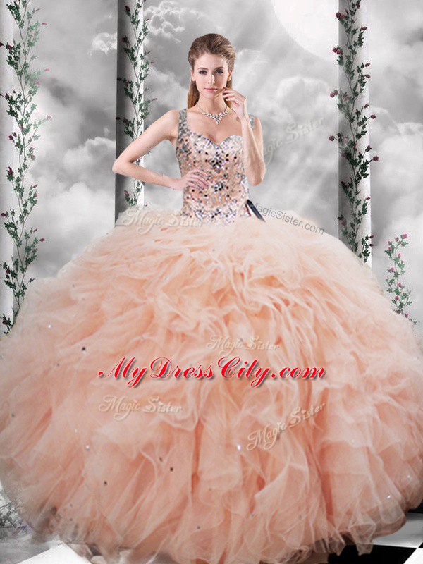 Peach Tulle Lace Up Straps Sleeveless Floor Length Quinceanera Gown Beading and Ruffles