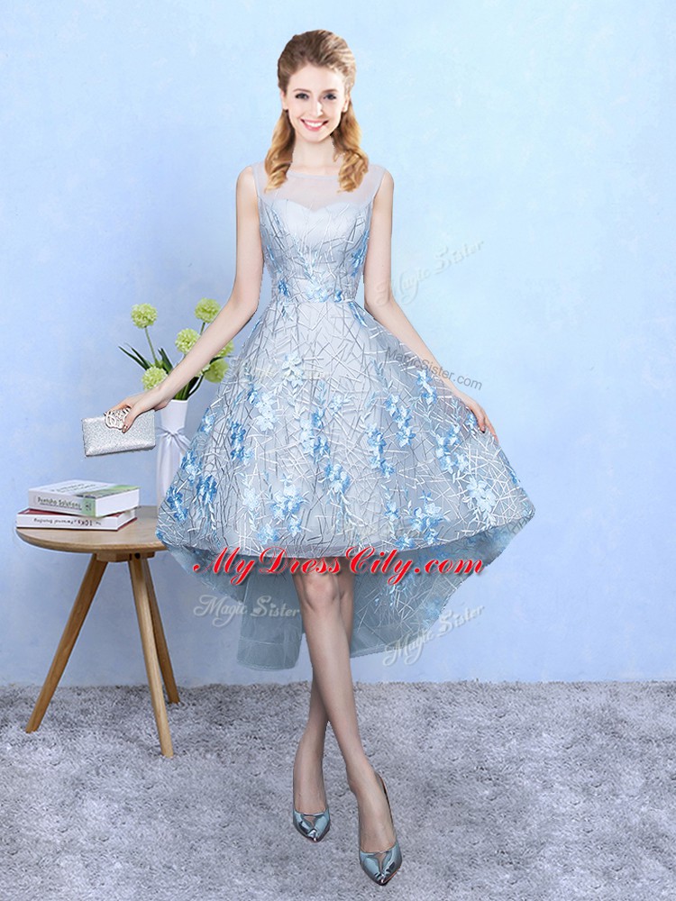 Light Blue A-line Tulle and Printed Scoop Sleeveless Appliques High Low Zipper Bridesmaid Dress