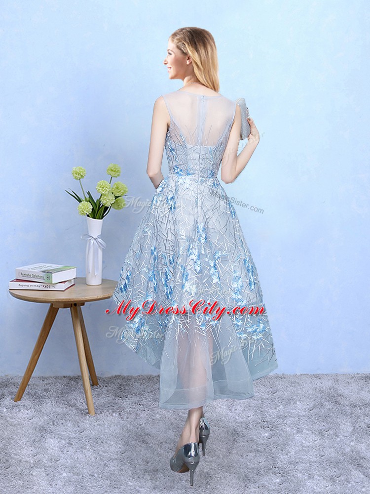 Light Blue A-line Tulle and Printed Scoop Sleeveless Appliques High Low Zipper Bridesmaid Dress