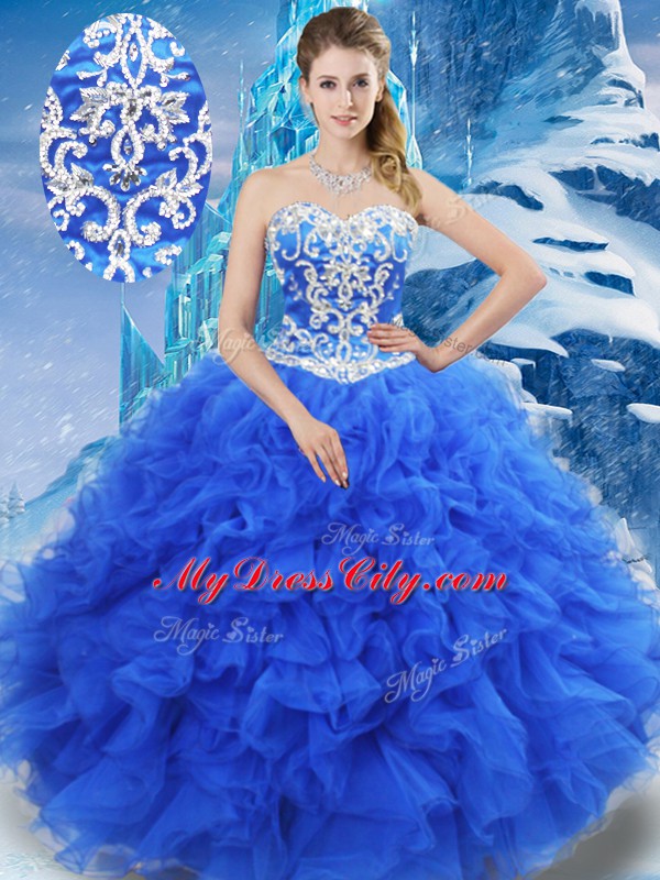 Beautiful Blue Lace Up 15 Quinceanera Dress Beading and Ruffles Sleeveless Floor Length