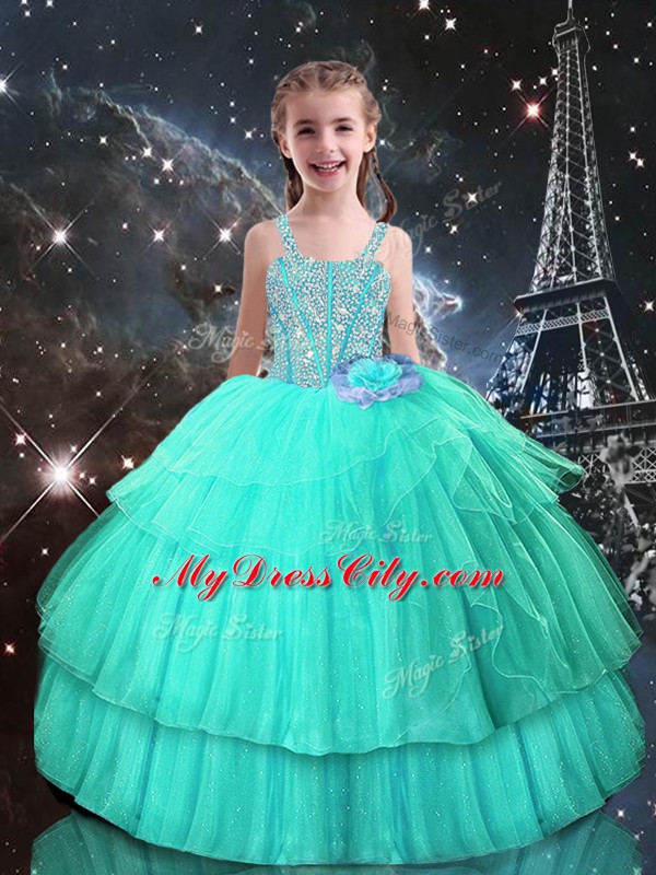 Excellent Turquoise Ball Gowns Straps Sleeveless Tulle Floor Length Lace Up Beading Little Girl Pageant Dress