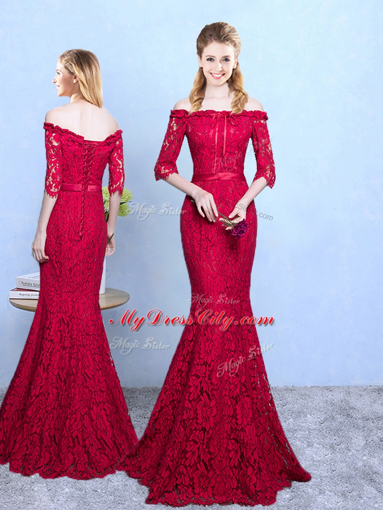 Wine Red Mermaid Lace Quinceanera Court of Honor Dress Lace Up Lace Half Sleeves Floor Length