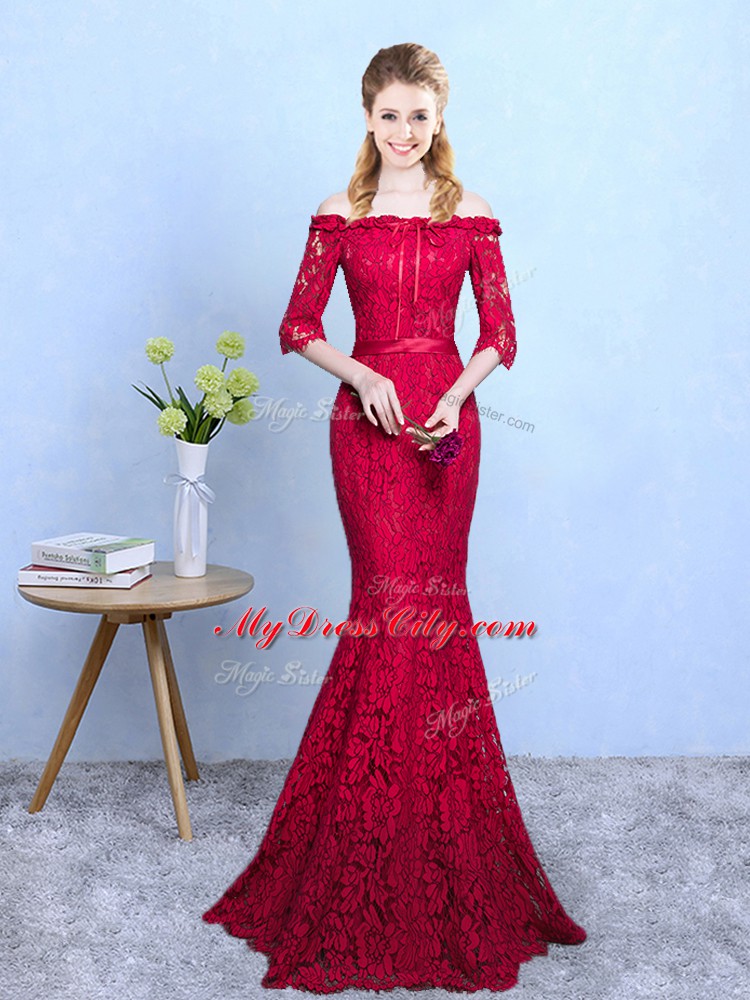 Wine Red Mermaid Lace Quinceanera Court of Honor Dress Lace Up Lace Half Sleeves Floor Length