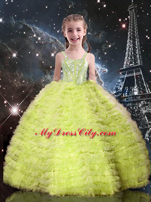 Yellow Green Sleeveless Beading and Ruffled Layers Floor Length Pageant Dress for Teens