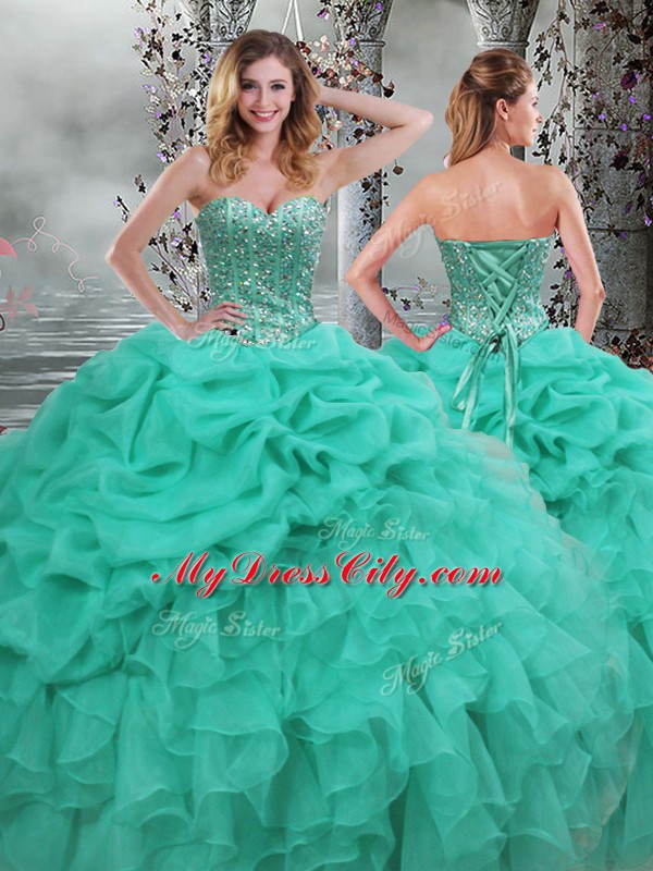 Turquoise Ball Gowns Sweetheart Sleeveless Organza Floor Length Lace Up Beading and Ruffles 15th Birthday Dress