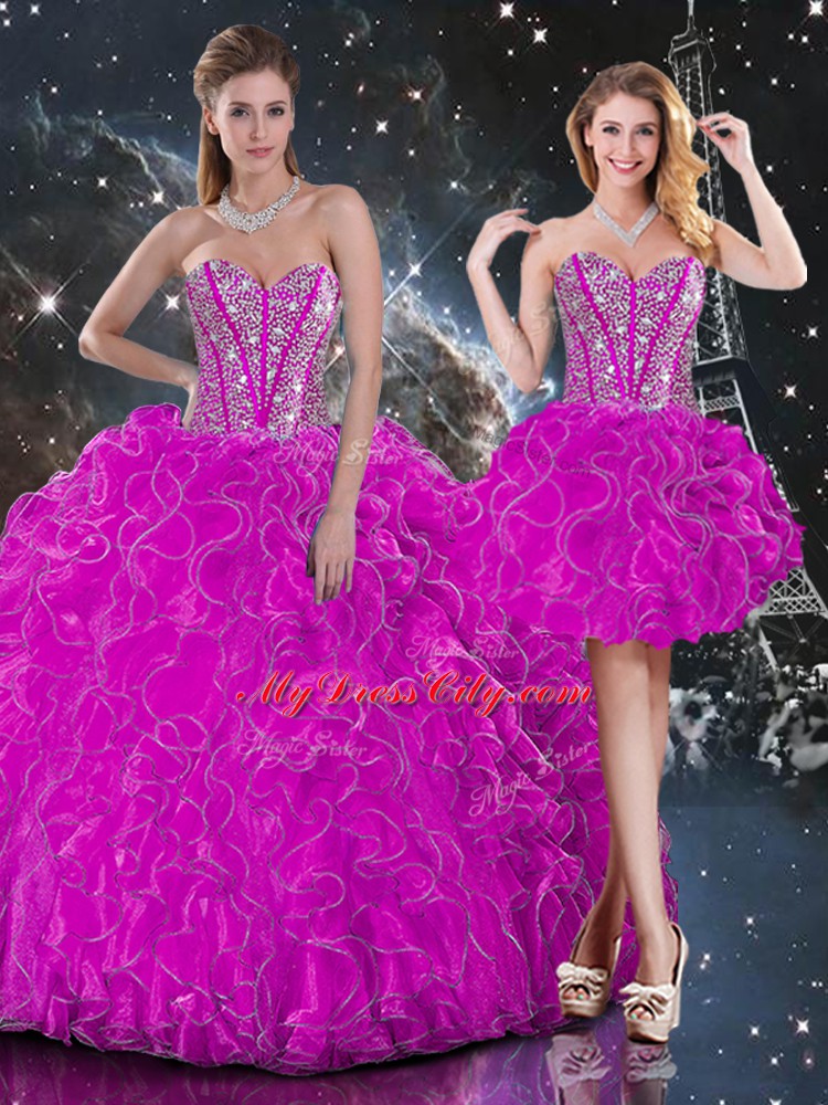 Organza Sweetheart Sleeveless Lace Up Beading and Ruffles Sweet 16 Dress in Fuchsia