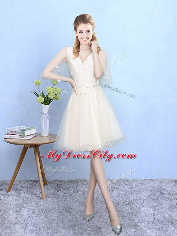 Tulle Half Sleeves Knee Length Bridesmaid Dress and Lace