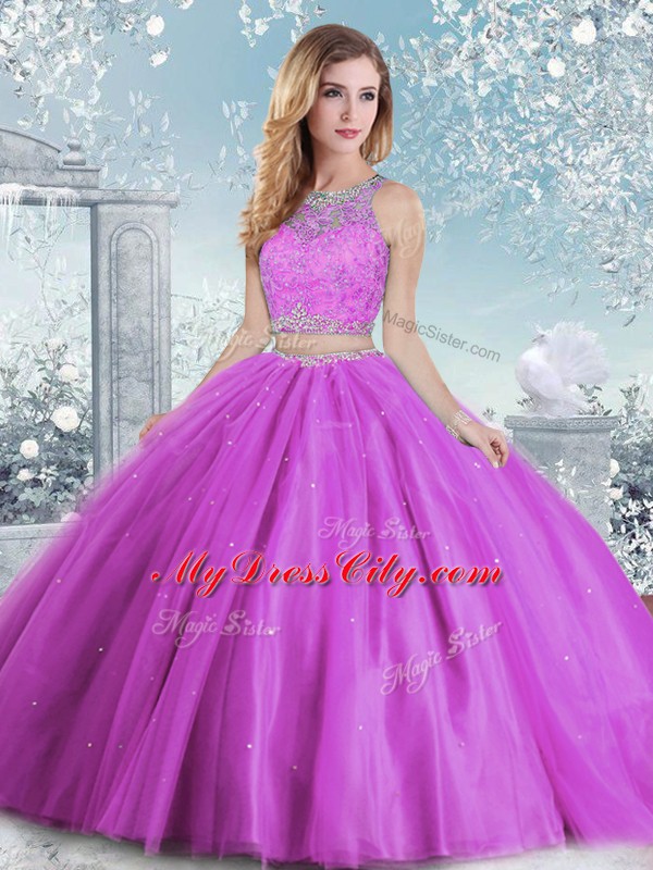 Super Lilac Tulle Clasp Handle Quinceanera Dress Sleeveless Floor Length Beading and Sequins