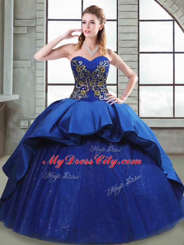 Cheap Blue Lace Up Sweetheart Beading and Appliques and Embroidery Quinceanera Gown Taffeta Sleeveless Court Train