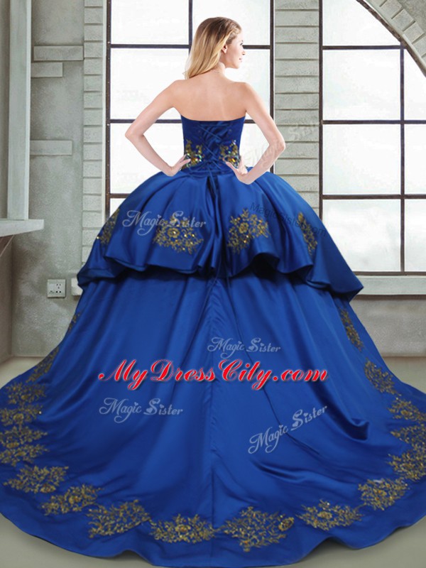 Cheap Blue Lace Up Sweetheart Beading and Appliques and Embroidery Quinceanera Gown Taffeta Sleeveless Court Train